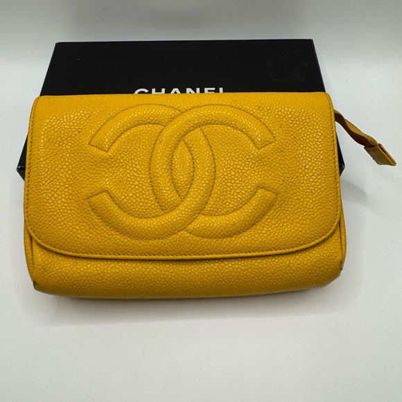 Authentic Chanel Cocomark Caviar Leather Yellow Pouch Wallet - Picture 1 of 16